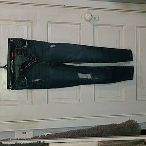 Celebrity Pink Women's Dark Blue Distressed Button Fly Skinny Jeans